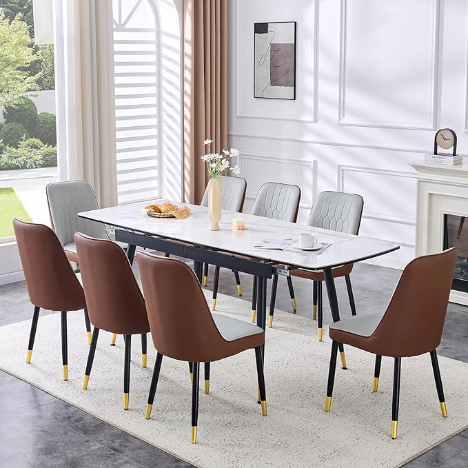Extendable Dining Table Set for 8, 55'' to 78.8'' Rectangular Thickened Sintered Stone Kitchen Table with 8 Upholstered Chairs, Modern Space Saving 9-Piece Dinner Table Set