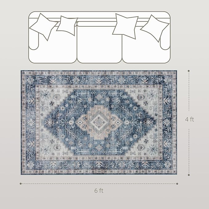 HOMCOM Washable Area Rug, 4'x6' Vintage Indoor Distressed Carpet, Retro Floor Cover Foldable, Floral Print Mat for Living Room, Bedroom, Dining Room, Blue
