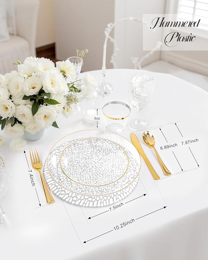 Hioasis 60pcs Clear Plastic Plates - Gold Rimmed Disposable, Hammered, Heavy-duty Dinnerware Set Suitable for 30 Guests, 10.25" Dinner & 7.5" Dessert Plates for Party & Wedding