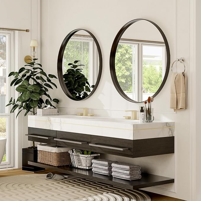 24 Inch Round Bathroom Mirror - Wall Mounted Circle Mirror with Metal Frame, Modern Mirror Suitable for Bathroom, Vanity, Entryway, Living Room, Wall Decor,Black