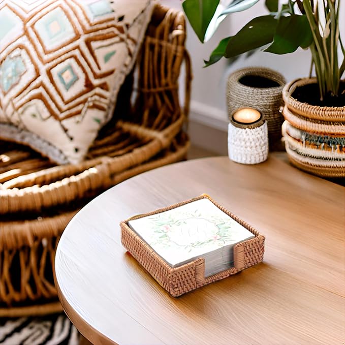 Rattan Napkin Holder Square, Wicker Napkin Basket for Kitchen, Flat Napkin Holders for Paper Napkins, Woven Luncheon Napkin Holder for Table (7.5 x 7.5 x 2.5 inch)