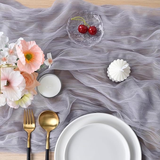 Joanlody Light Gray Cheesecloth Table Runner Spring Easter 10Ft Rustic Gauze Boho Cheese Cloth Table Runner for Wedding Bridal Baby Shower Decoration 4 Pack