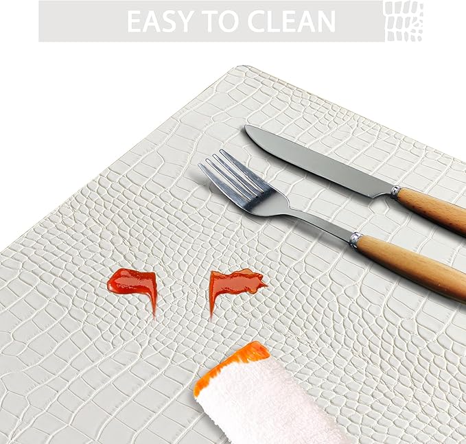 Jovono Faux Leather Placemats Set of 6, Waterproof & Heat Resistant Dinner Place Mats for Dining Table, Non-Slip Crocodile Embossed, White (17.8x11.8 Inch)
