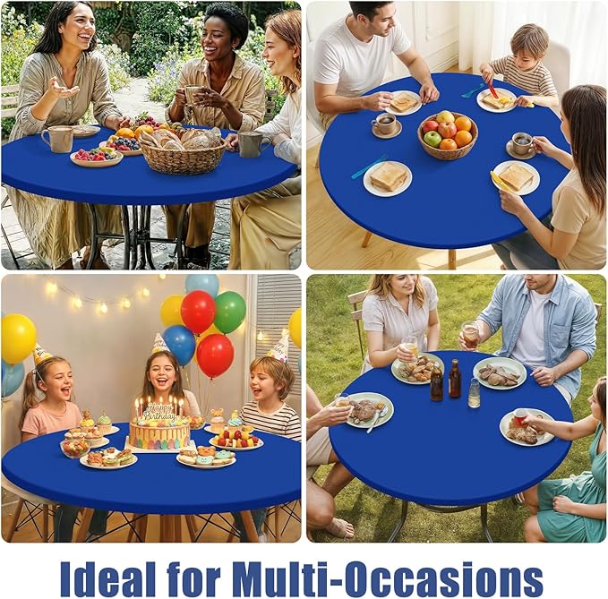 Round Spandex Tablecloth, Elastic Fitted Waterproof Tablecloths for 57"-68" Tables, Stretch Washable Picnic Table Cover for Camping, Dining, Indoor and Outdoor, Blue