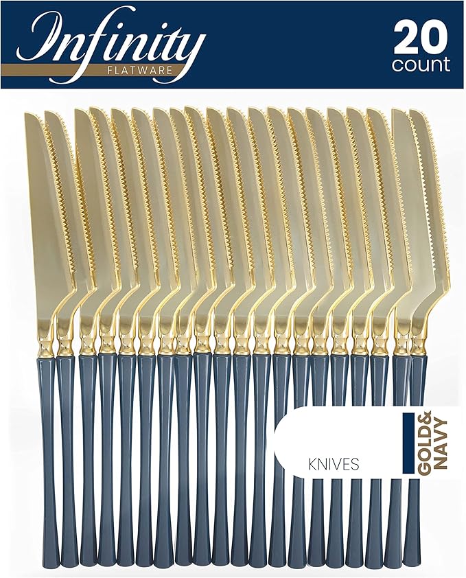PLASTICPRO 20 Count Gold and Navy Plastic Knives Premium Quality Heavy Duty Disposable Elegant Silverware Two Tone Knives for Party
