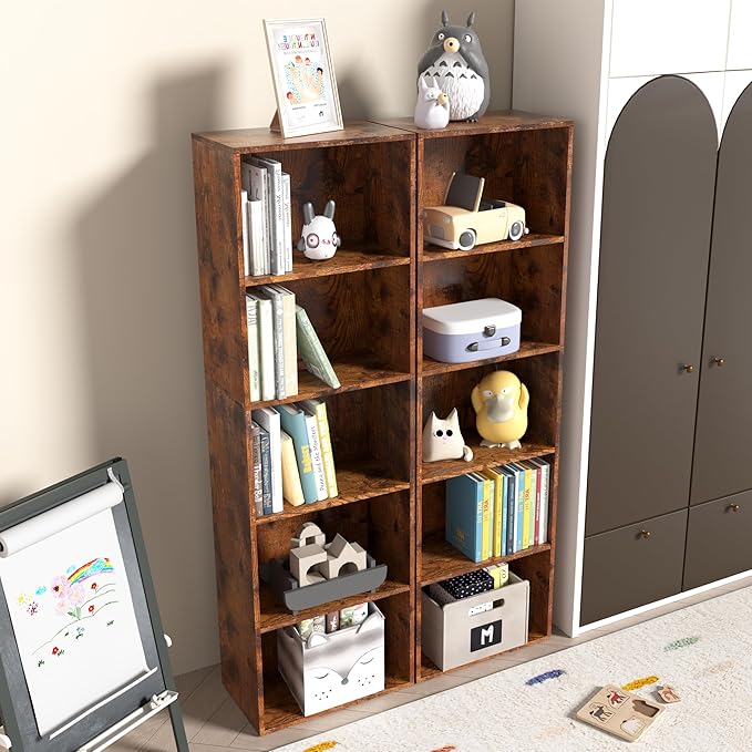 Wooden 5 Cube Storage Organizer, Vintage Brown 5 Tier Bookcase Bookshelf Freestanding Storage Display Organizer,Versatile Cubes Shelf and Cubby Unit for Living Room, Home Office, Dinning Room 15.7inch