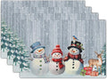 Winter Snowman Placemats Set of 4 - Xmas Tree Reindeer Snow Place Mats 12x18 Grey Wood Table Mats Kitchen Mats for Party Dining Table