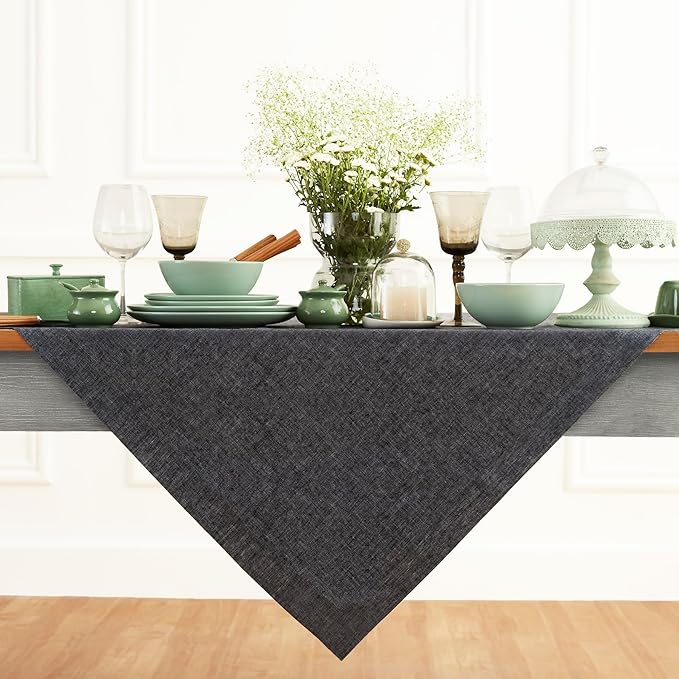 Solino Home Linen Square Tablecloth 52 x 52 Inch - 100% Pure Linen Charcoal Grey Table Throw - Athena, Machine Washable Tablecloth for Winter, Spring