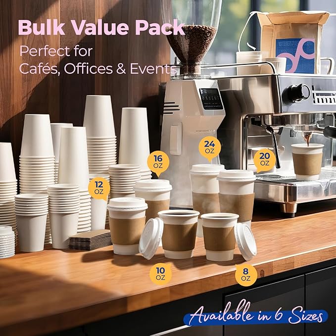 Fit Meal Prep 500 Pack 16 oz Disposable Coffee Cups with Lids, Sleeves, Leak-Proof To Go Coffee Cups with Lids, Durable Hot Paper Cups for Home, Office, Party, Business
