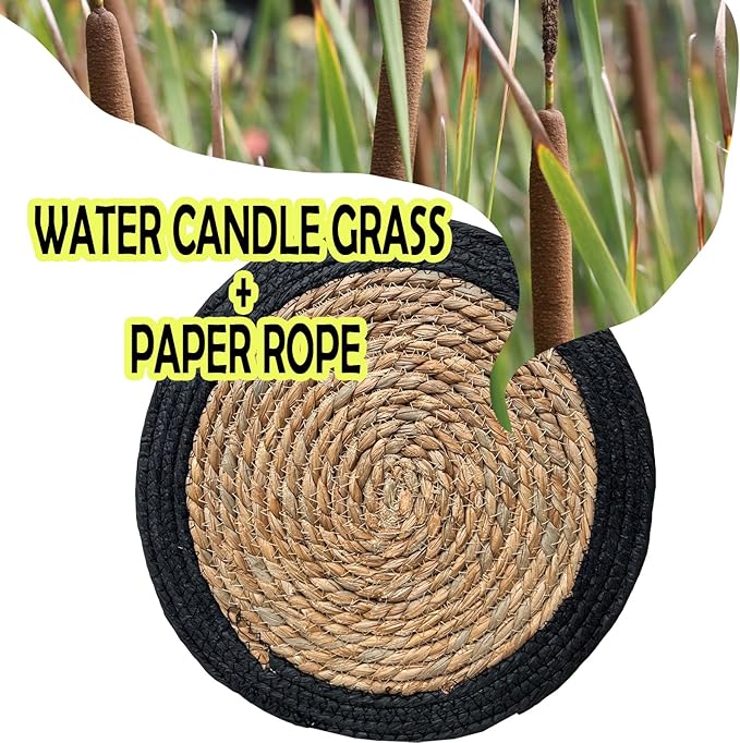 ANDSTAR Round Woven Placemats Set of 4, 12"x12", Natural Wicker Placemats, Water Hyacinth Straw Braided Placemats,Boho Place Mats for Farmhouse, Rustic Table (Water Hyacinth + Black Cotton Rope)