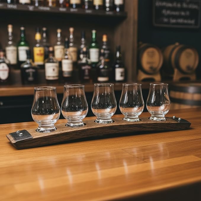 Barrel Stave Premium Whiskey Flight for use with 5 Glencairn Glasses. No Glasses Included, Dark Walnut