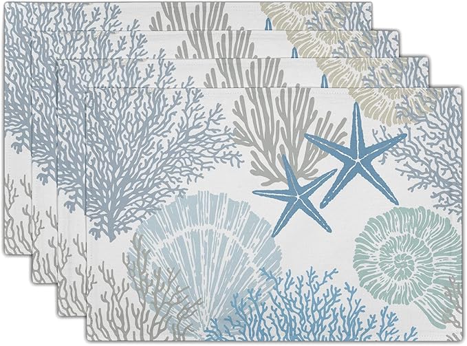 aportt Nautical Placemats Set of 4 Starfish Beach Theme Ocean Seashell Washable Non-Slip Heat Resistant 12×18 Inch Coastal Summer Thick Place Mats Decorative Linen Fabric Table Mat for Dining (FF)