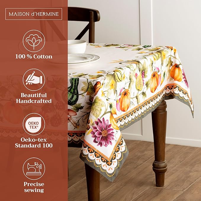 Maison d' Hermine Table Cloth Rectangle Table 100% Cotton 60 x 108 Inches Fall Tablecloth Reusable Everyday Use for Thanksgiving Christmas Decorations Dining Farmhouse (Pumpkin Garden - Cloudy Cream)