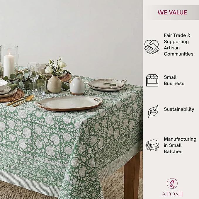 ATOSII Shalimar Green 100% Cotton Spring Summer Tablecloth, Handblock Print Rectangle Table Cover for Dining, Parties, Wedding, Outdoors, Easter Table Cloth I 72 X 140 Inches I 12 Seater