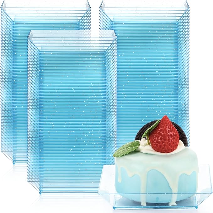 Zhehao 100 Pcs Plastic Dessert Appetizer Plates Disposable, 3.6 x 3.6 Inch Small Square Plastic Dessert Cake Plate for Party, Valentine's Day Wedding Birthday Bridal Baby Shower Supplies (Blue Clear)