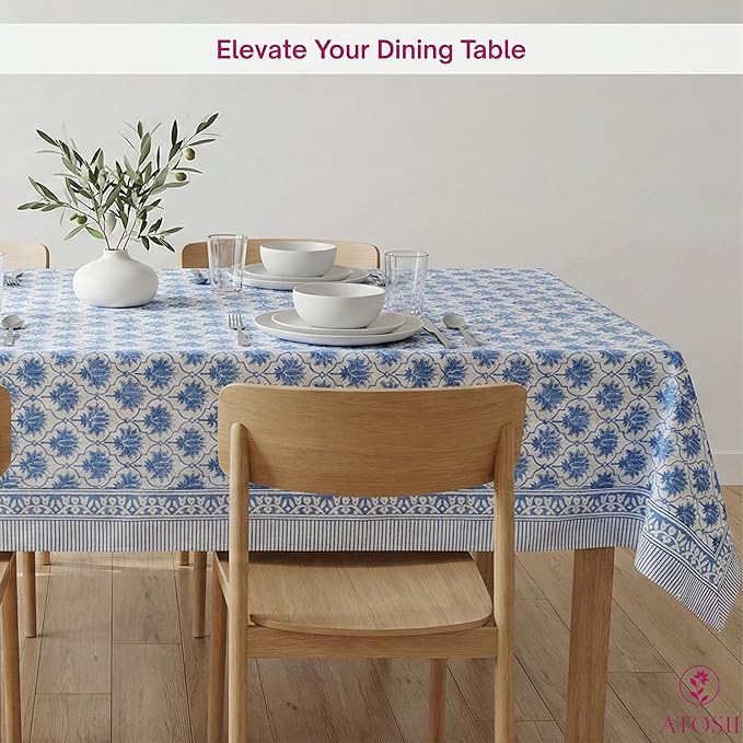 ATOSII Padma Blue 100% Cotton Rectangle Summer Tablecloth, Indian Block Print Floral Table Cloth I Dining Parties Weddings Outdoors Holidays 60 X 108 Inches, 8 Seater I Grandmillennial Farmhouse Boho