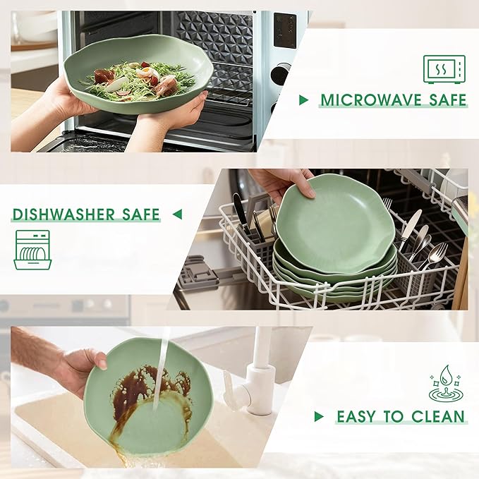 Pasta Bowls Set of 4, Ceramic 24.5oz Serving Salad Bowl, Large 8.5 inch Wide Shallow Soup Bowls with Wavy Rim, Easy to Clean, Oven Microwave Dishwasher Safe for Fruit Pasta Salad Dinner - Green