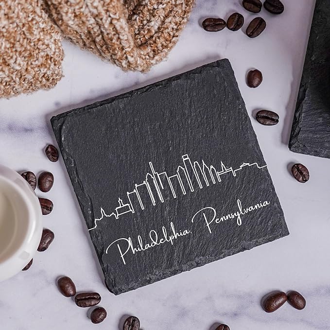 Blue Ridge Mountain Gifts - Philadelphia PA Skyline Coasters, Set of 4 - Philadelphia Pennsylvania Souvenir, Slate Coasters with Minimalist Skyline, Housewarming Gift for Friends, Family, & Neighbors