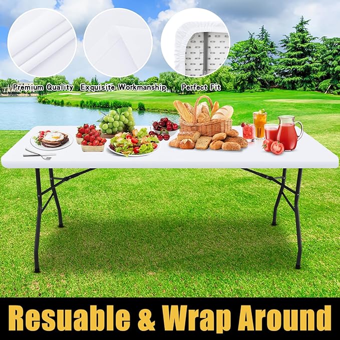 Smiry Rectangle Picnic Table Cloth, Waterproof Elastic Fitted Tablecloths for 5 Foot Tables, Washable Polyester Table Cover for Camping, Indoor and Outdoor (White, 30"x60")