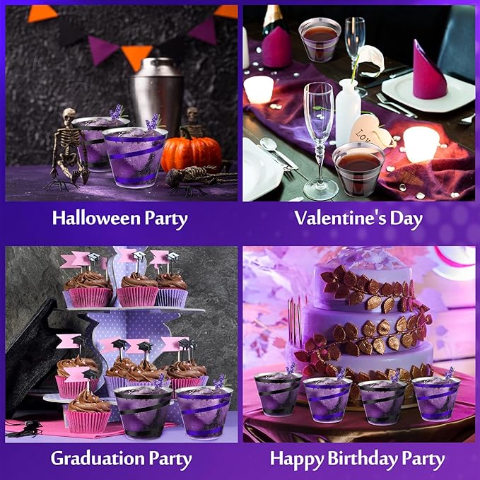 Gejoy 9 oz Rimmed Swirl Plastic Cups Disposable Wine Drinking Cups Clear Elegant Halloween Tumblers for Christmas Party Supplies(Purple, Black,100 Pcs)