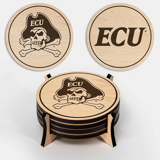 LazerEdge East Carolina Pirates Wooden Coaster Set - Maple Wood - Officially Licensed Product - 4-Pack