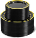 200 PCS Black and Gold Plastic Plates, Party Black Disposable Plates Include 100 10 inch Dinner Plate and 100 7 inch Dessert Plate,black gold rim plates Perfect for Party & Wedding