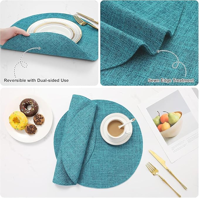 homing 15 Inch Round Cloth Placemats Set of 4, Cotton Linen Blend Washable Table Mats, Farmhouse Dining Place Mats for Indoors & Outdoors, Easy to Clean, Teal
