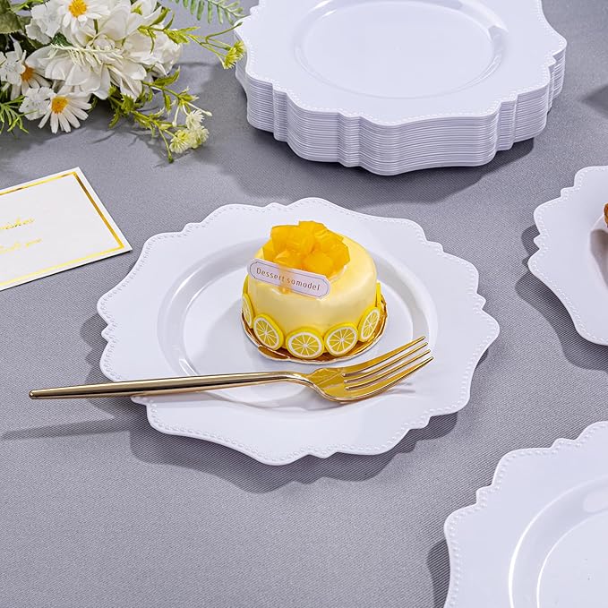 COLOSUS 100pcs 7.5 Inch White Plastic Dessert Plates,Heavy Duty Disposable Appetizer Plates,Premium Plastic Salad Plate,Fancy Disposable Cake Plate for Party, Thanksgiving and Everyday Use