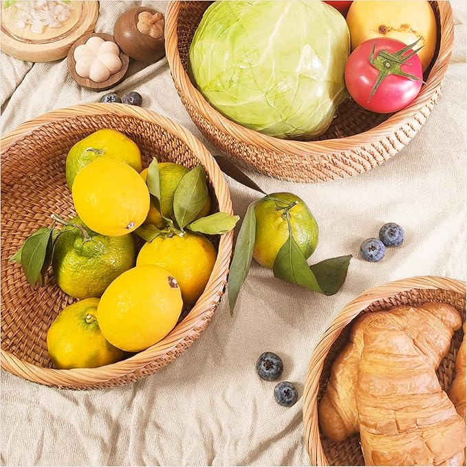 10.2" Large Round Rattan Bread Basket for Fruit, Natural Wicker Fruit Basket for Kitchen Counter, Hand Woven Food Baskets, Bread Baskets for Serving, Fruit, Vegetable, Candy, Nuts, Keys, Wallets, Etc.