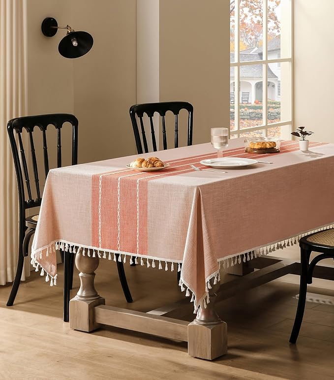 ZeeMart Contrast Linen Table Cloth Rectangle Table Cloths 60x84 Inch Orange, Farmhouse Style Heavy Weight Burnt Orange Fall Tablecloth, Water Resistant Burlap Tablecloths