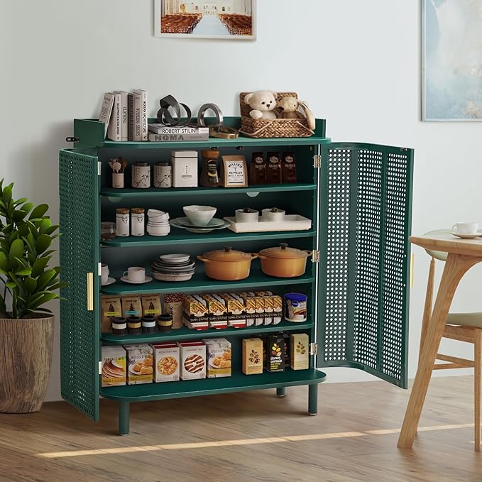 ORRD Shoe Cabinet, 5 Tier Boho Wooden Shoe Storage Organizer Cabinet with Adjustable Shelves, Shoes Rack with Iron Rattan Curved Doors Accent Cabinet for Entryway Hallway Living Room, Green