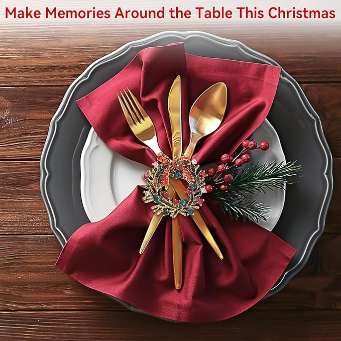 ZeeDix Christmas Wreath Napkin Rings Set of 8, Rhinestone Holiday Christmas Napkin Ring Holders for Cloth Napkins, Xmas Napkin Rings for Thanksgiving Holiday Dinner Parties