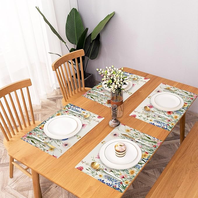 AOFOTO Floral Placemats Set of 4 Colorful Wild Flower Plants Printed Place Mats Artistic Rectangular Modern Table Mats for Home Kitchen Restaurant Party Dining Table Decor 12x18 Inch