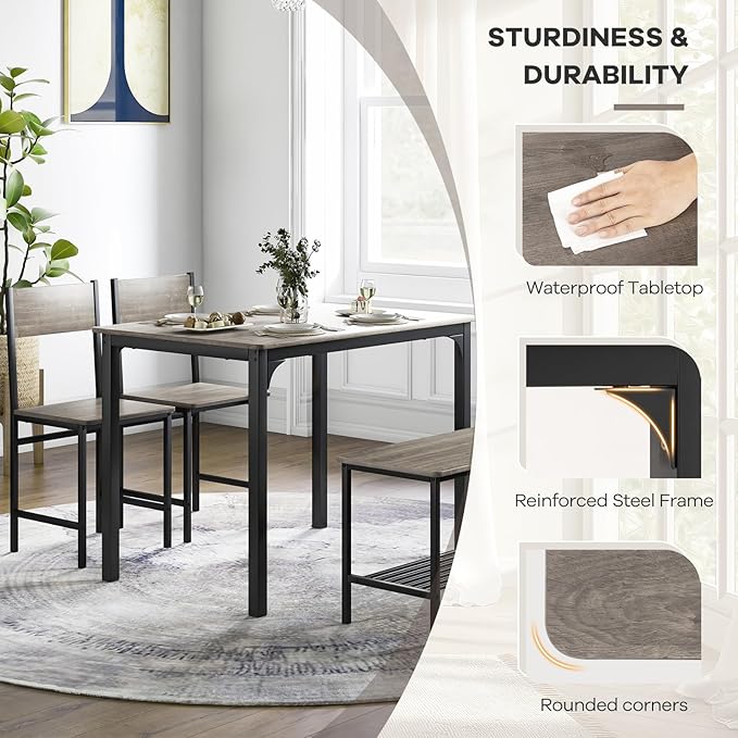 NAFORT Kitchen Table Set for 4, Space-Saving 4-Piece Dining Table Set with Bench and 2 Chairs, Industrial Rectangular Dining Room Set with Storage Shelves for Apartment, Kitchen&Dining, Restaurant