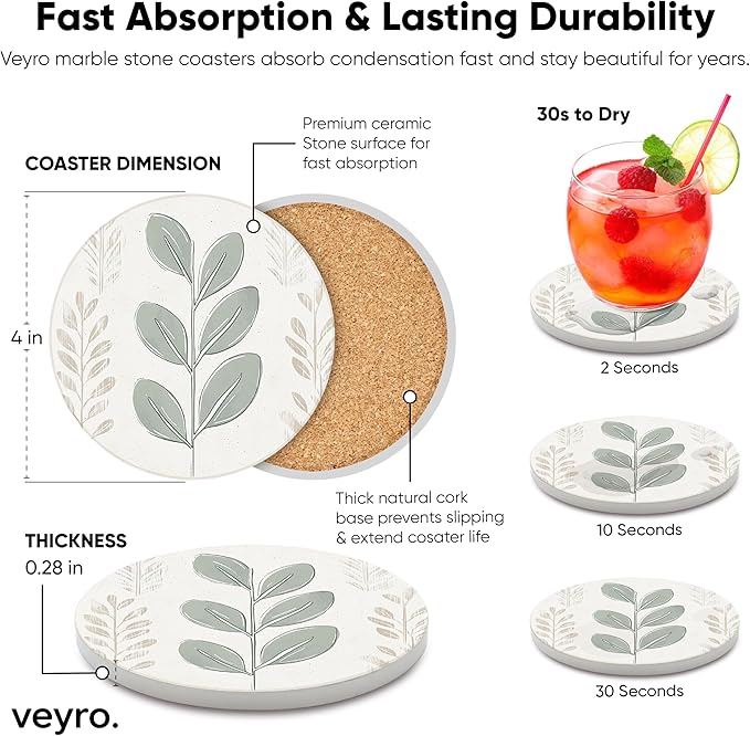 VEYRO Ceramic Coasters Set of 4 – Absorbent Stone Drink Coasters with Holder, Non-Slip Cork Backing, Modern Marble Look Coasters for Coffee Table, Desk & Home Decor