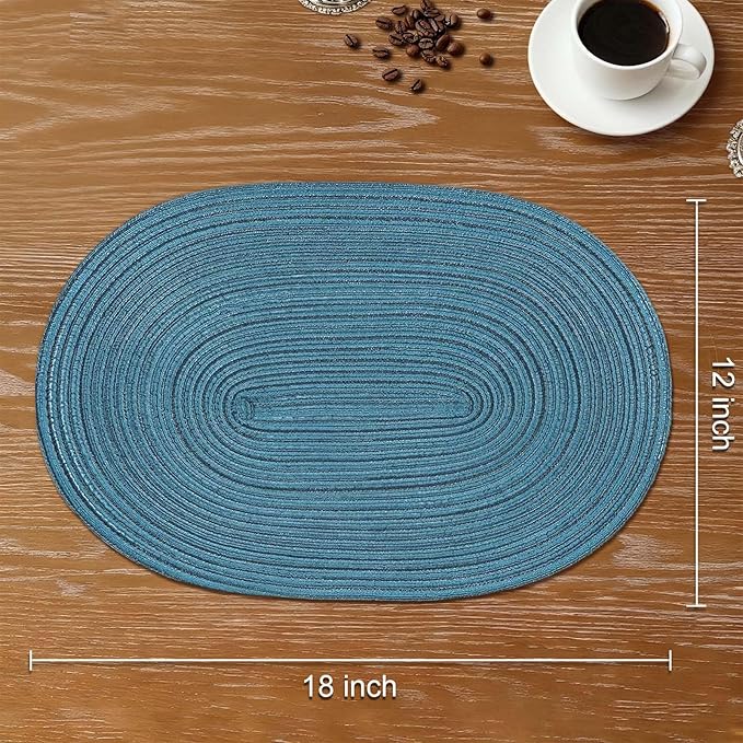 Noctiflorous Oval Braided Placemats Set of 6 Woven 12x18 Inch Non Slip Washable Heat Resistant Place Mats Tablemats for Dining Kitchen Party Daily Table Decor Dinner Mats (Teal Blue, 6)