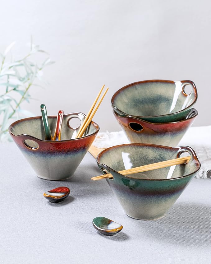 HENXFEN LEAD Japanese Ramen Noodle Bowl Set of 2-30 Oz Large Porcelain Salad Bowls with Chopsticks, Soup Spoons and Rests, Kitchen Serving Dishes for Pho, Udon - Reactive Green