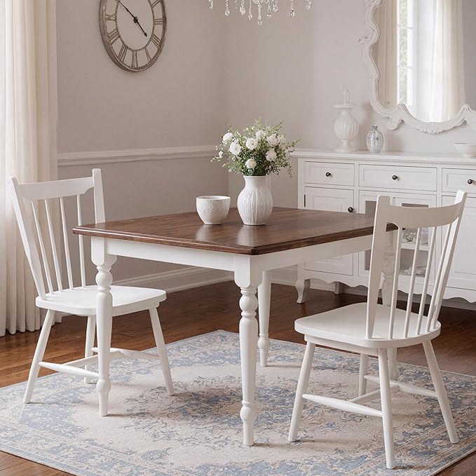 HNY White Windsor Dining Chairs Set of 2, Farmhouse Wooden Kitchen Chairs with Spindle Back, Mid Century Modern Armless Kitchen Side Chair for Dining Living Room Restaurant