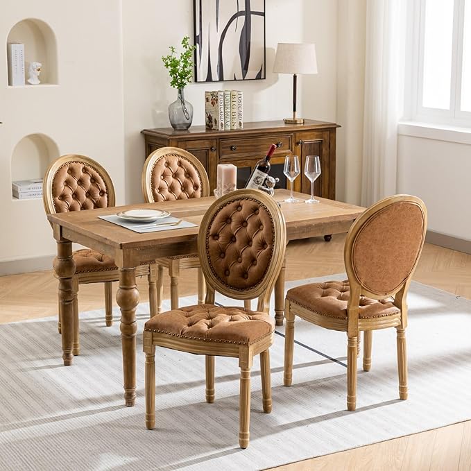 Ball & Cast French Vintage Upholstered Dining Chairs Set of 2, Button Tufted Kitchen Side-Chairs with Carved Antique Wood Frame & Nailhead Trims, PU-Leather Curved Backrest Louis Chair, PU Orange