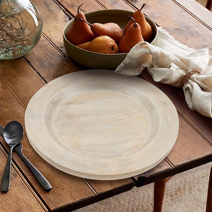 Alpha Living Home Wooden Charger Plates - 2 Piece Salad Appetizer Plate Lightweight Round Plates Desserts and Sushi Sauce Dishes, Handcrafted, Smooth Surface, Durable 13 inch (Off White)