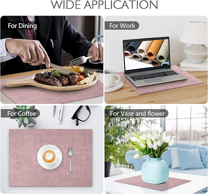 Faux Leather Placemats Set of 6 Washable PU Table mats for Kitchen Table - Heat Resistant, Waterproof, Easy Clean, Anti Slip 11.8" x 17" (Pink-6 Pack)