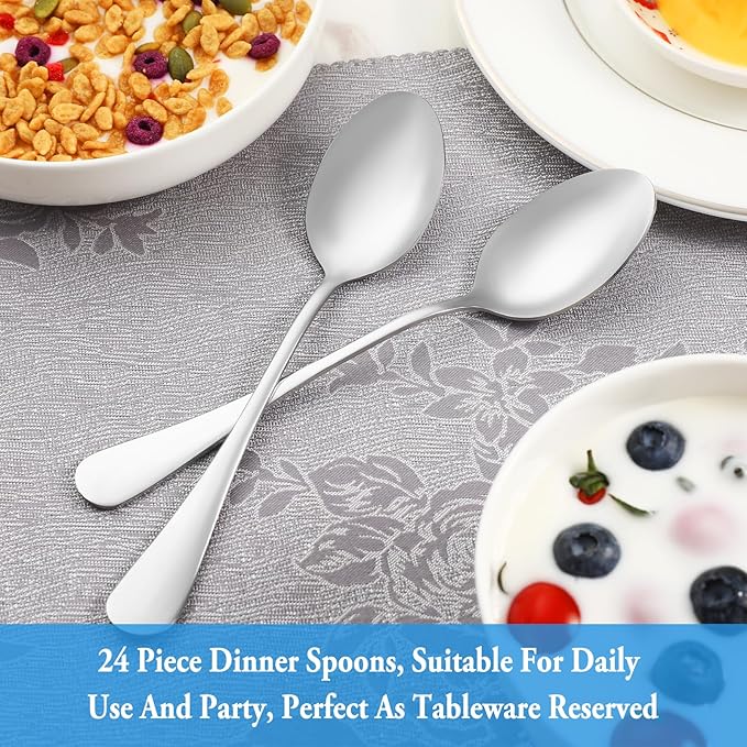 24 Pcs Dinner Spoon Set,Premium Food Grade Stainless Steel Spoons,Durable Metal Spoon,Tablespoon,Spoons Silverware Only,Mirror Finish & Dishwasher Safe,Use for Home,Kitchen and Restaurant - 7.3 inch