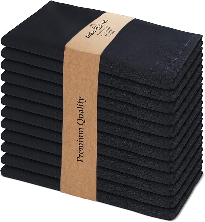 Urban Villa Cloth Napkins Set of 12 20x20 Inches 100% Cotton Napkins Cloth Washable Durable Reusable Absorbent Table Dinner Napkins Cloth for Christmas Hotel Lunch Restaurant Weddings Parties - Black