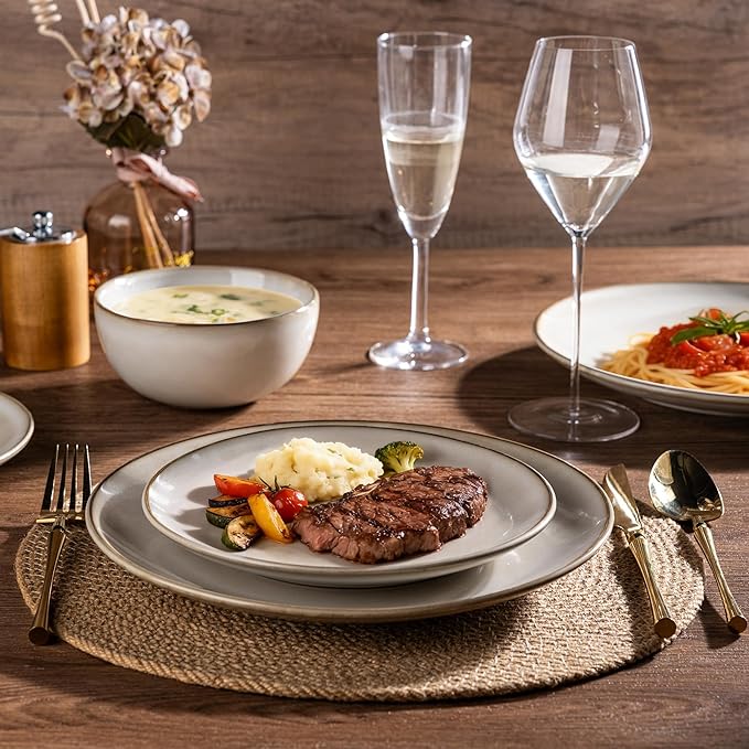 AmorArc Ceramic Dinnerware Sets for 4, 12 Pieces Handpainted Stoneware Plates and Bowls Set, Scratch Resistant Dishes Set, Dishwasher & Microwave Safe, Cappuccino