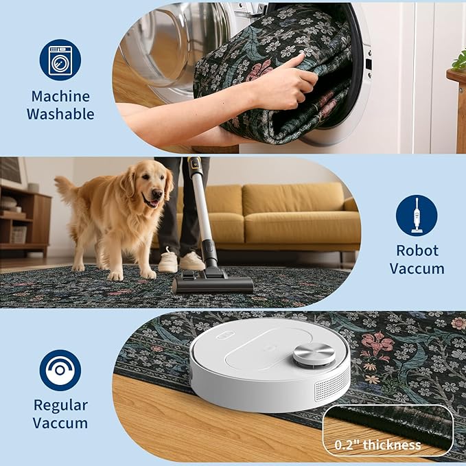 GarveeHome Washable Rug for Living Room, 8x10 Large Area Rug for Dining Room Under Table, Bedroom, Floral Soft Low Pile Non Slip Stain Resistant Carpet for Nursery, Playroom, Office, Dark Black