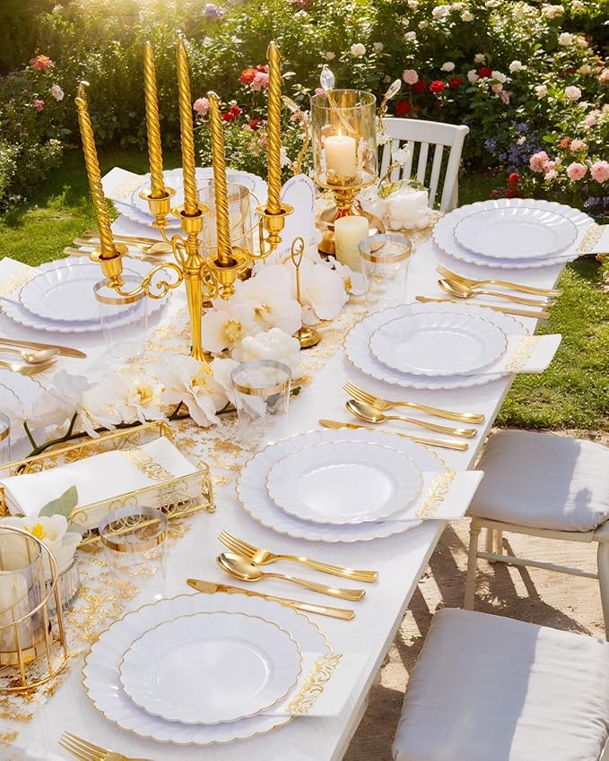 YOUBET 175PCS Gold Scalloped Plastic Plates - White and Gold Disposable Dinnerware Set Include 50 Plates, 75 Gold Silverware, 25 Cups, 25 Napkins for Party & Wedding