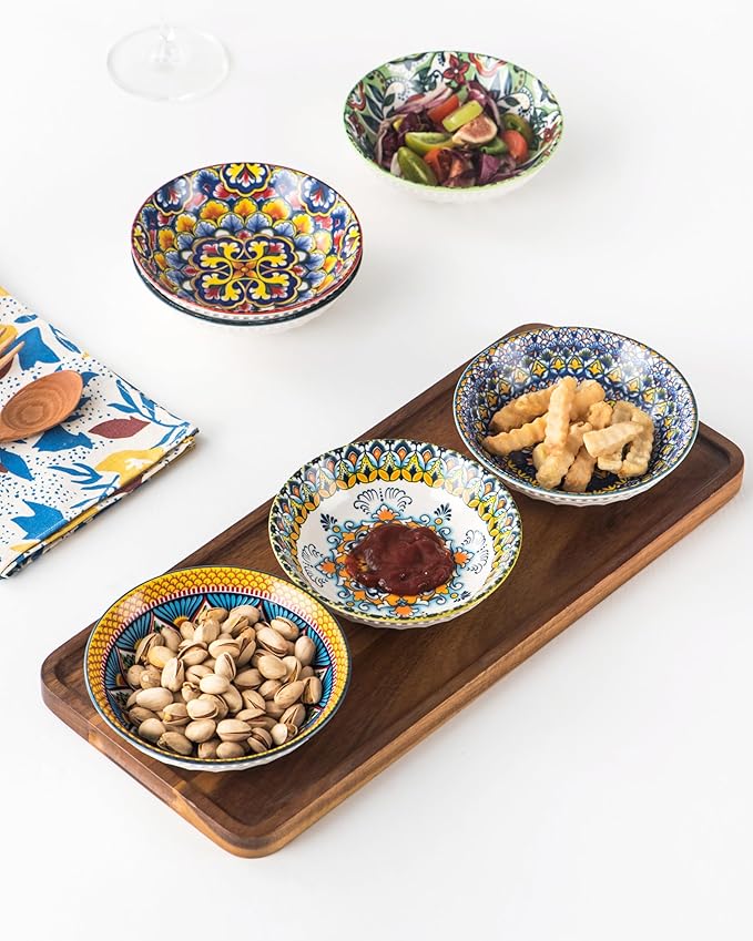 10 OZ Small Snack Bowls/Dishes Set of 6 - Ceramic Colorful Bowls for Side Dishes, Ice Cream, Dessert, Appetizers, Dips and Sauces, Dishwasher & Microwave Safe - Bohemian Style