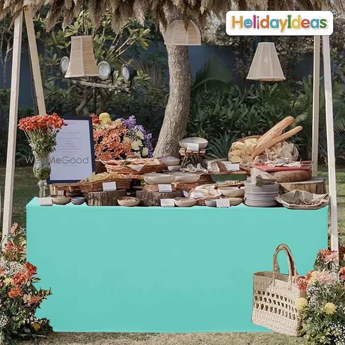 HolidayIdeas Fitted Tablecloths for 4 Foot Rectangle Table, Wrinkle Resistant Washable Table Cover 24x48 Inch for Vendor Booth Display, Banquet, Trade Show, Aqua, 4 Pcs