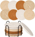 8 Pcs Drink Coasters with Holder, Handwoven Cotton Coasters Set Stackable Absorbent Minimalist Home Decor for Table, Cup, Mug (Kaki and White)