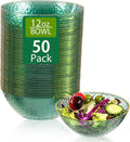 I00000 50 Pack 12 Ounce Clear Green Plastic Bowls Serving Bowls Hammered with Gold Rimmed, Heavy Duty Disposable Bowl Set,Small Bowls for St. Patrick's Day